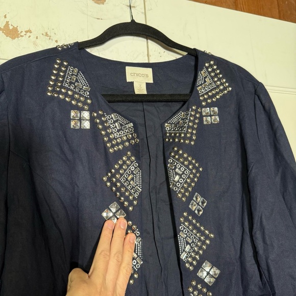 Chico's Embellished Blazer Navy Blue Open Front Linen Blend Size 3 / Large Jewel - Picture 3 of 10
